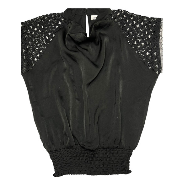 Heartloom Beatriz Top, Lace Short Sleeve, Elastic waist Satin Blouse | S, Black - Picture 6 of 14